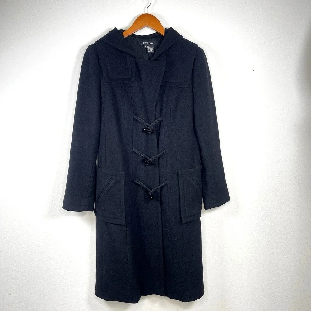 Etcetera Warm Wool Cashmere Blend Hooded Toggle Over Coat Size‎ 8 Black EUC